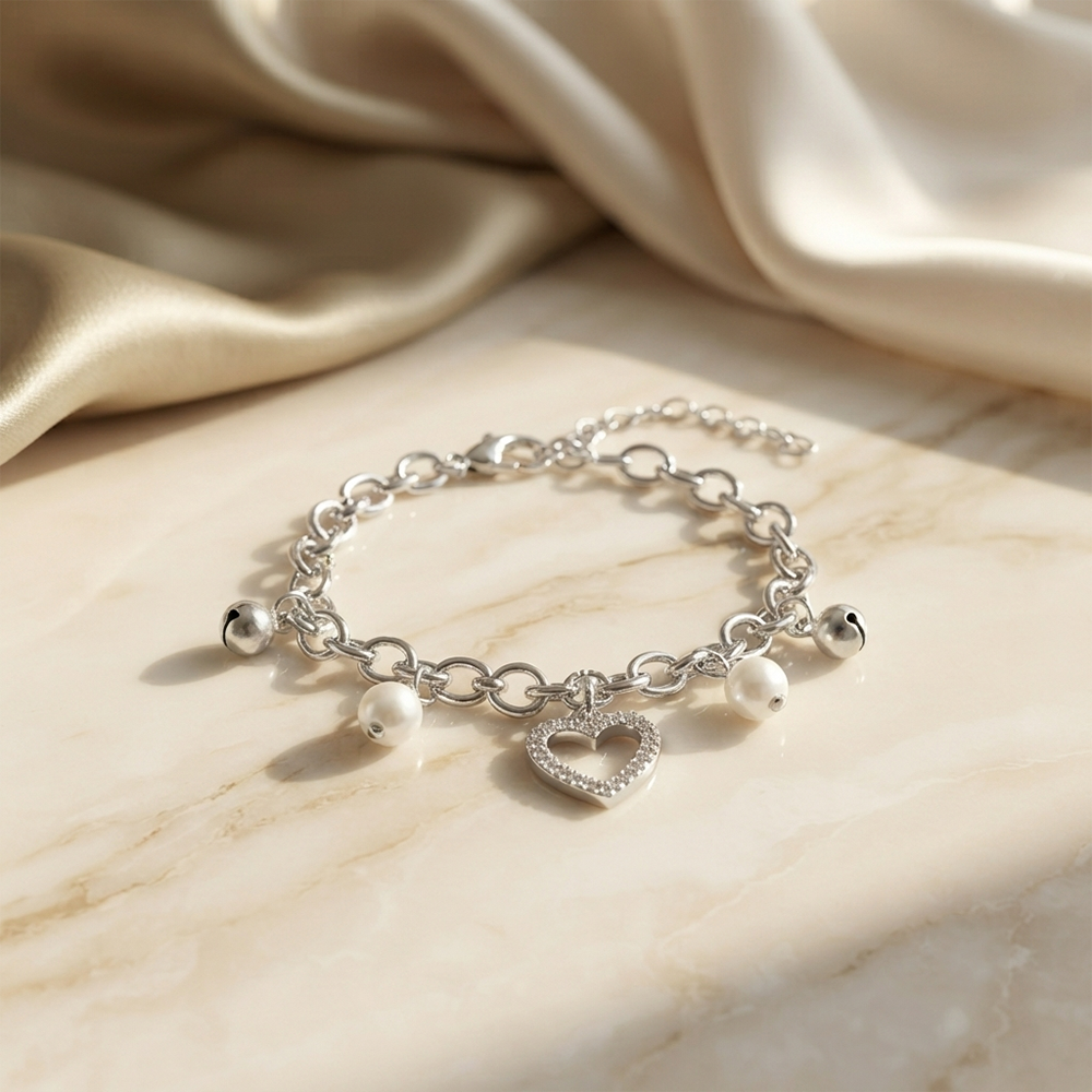 Urthn Fashionable Silver Plated With Heart Shape Charm Bracelet with Pearl Drops