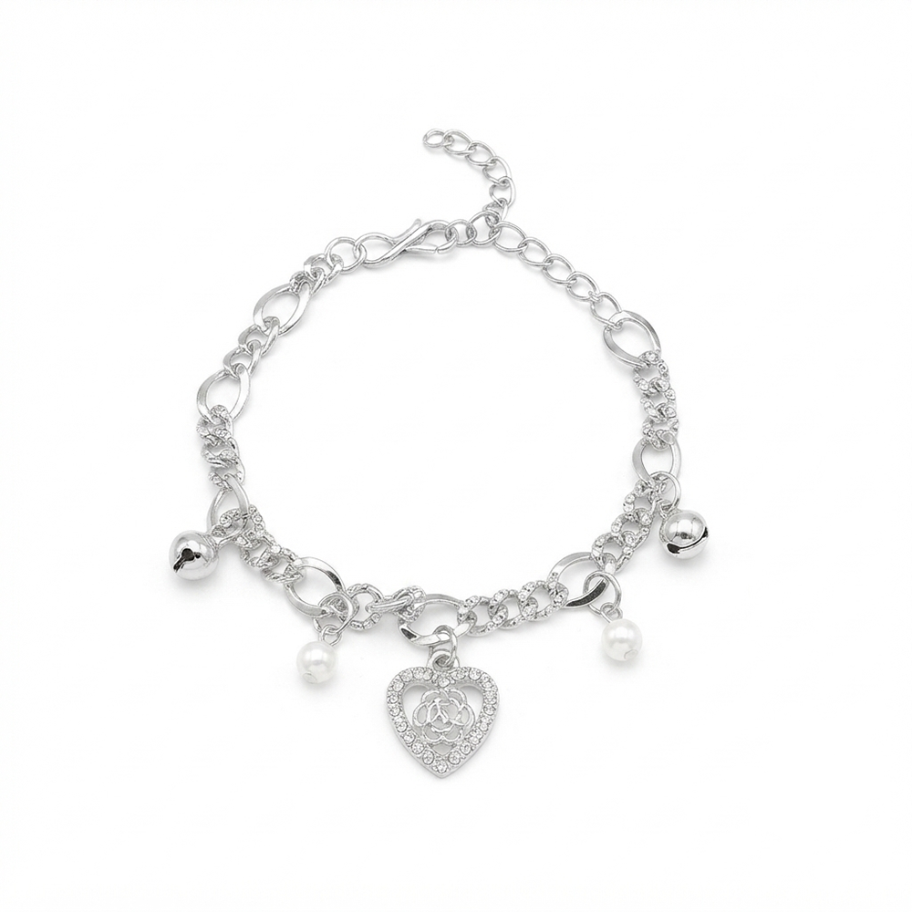 Urthn Fashionable Silver Plated With Heart Shape Charm Bracelet with Pearl Drops(Pack Of 6)