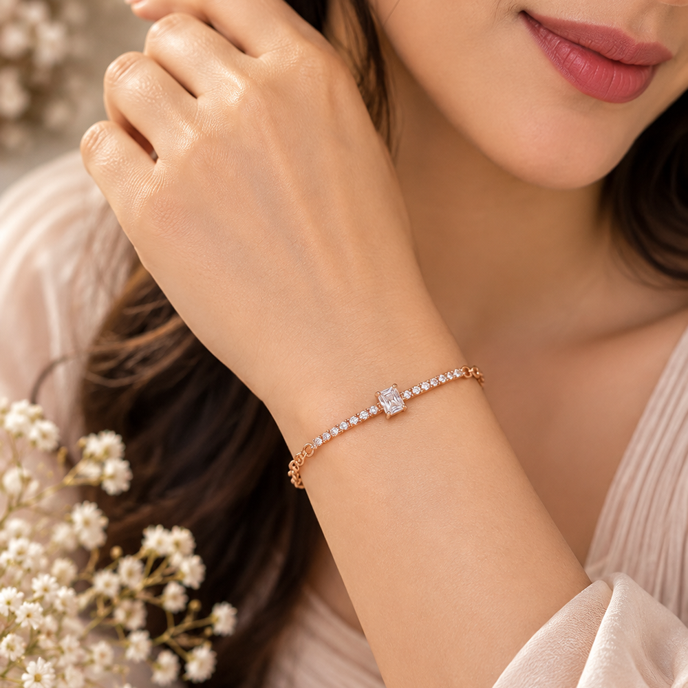 Urthn Everglow Rose Gold Plated Round Shape American Diamond Bracelet for Women(Pack Of 6)