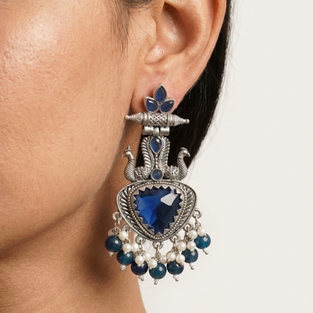 Wearhouse Fashion Oxidised Plated Pota Stone And Pearl Dangler Earrings