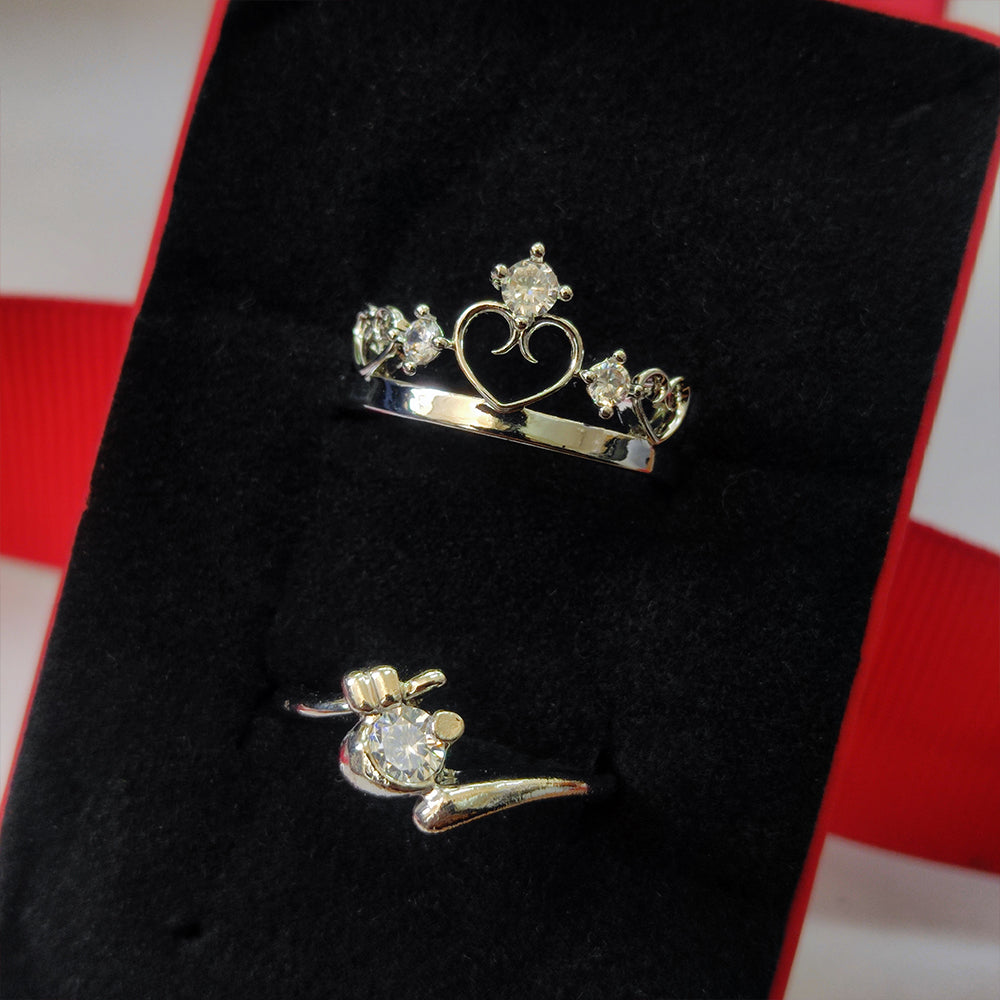 Urthn Rhodium Plated Solitaire Couple Ring Set ( Assorted ) - 1506921 (Pack Of 6)
