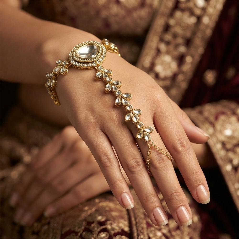 Darshana Jewels Gold Plated Kundan Stone Hath Panja Traditional Hand Jewellery for Women