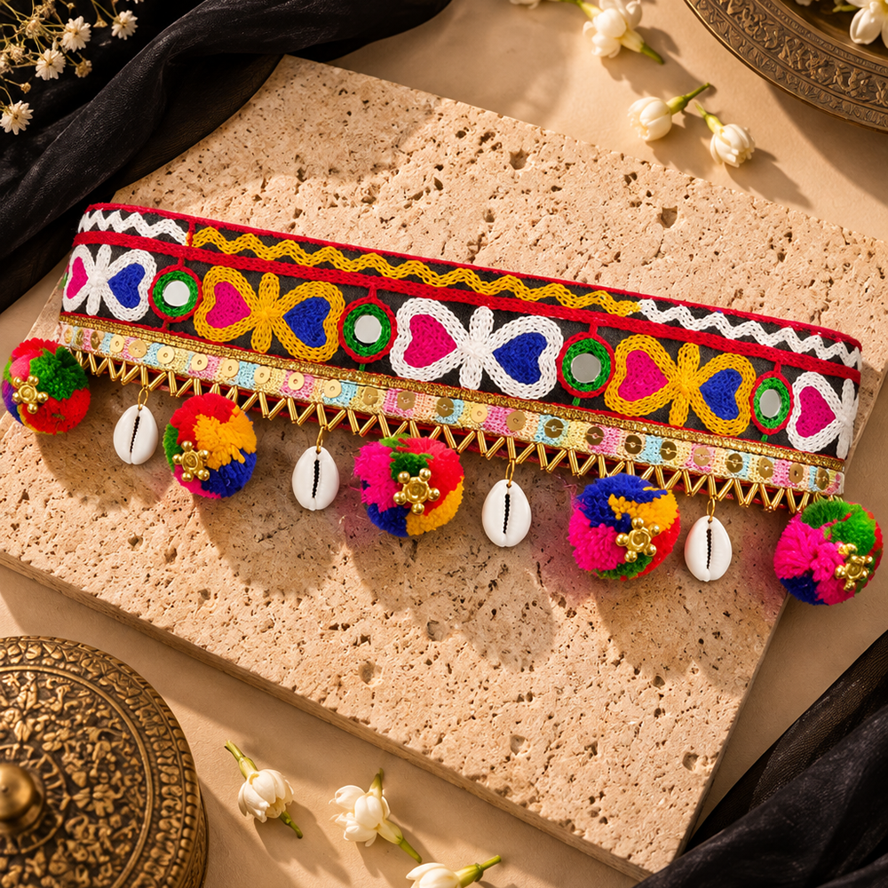 Urthn Festive Gujarati Mirror Work Waist Belt with Triangular Gold Hangings, Shell & Pom Pom Charms