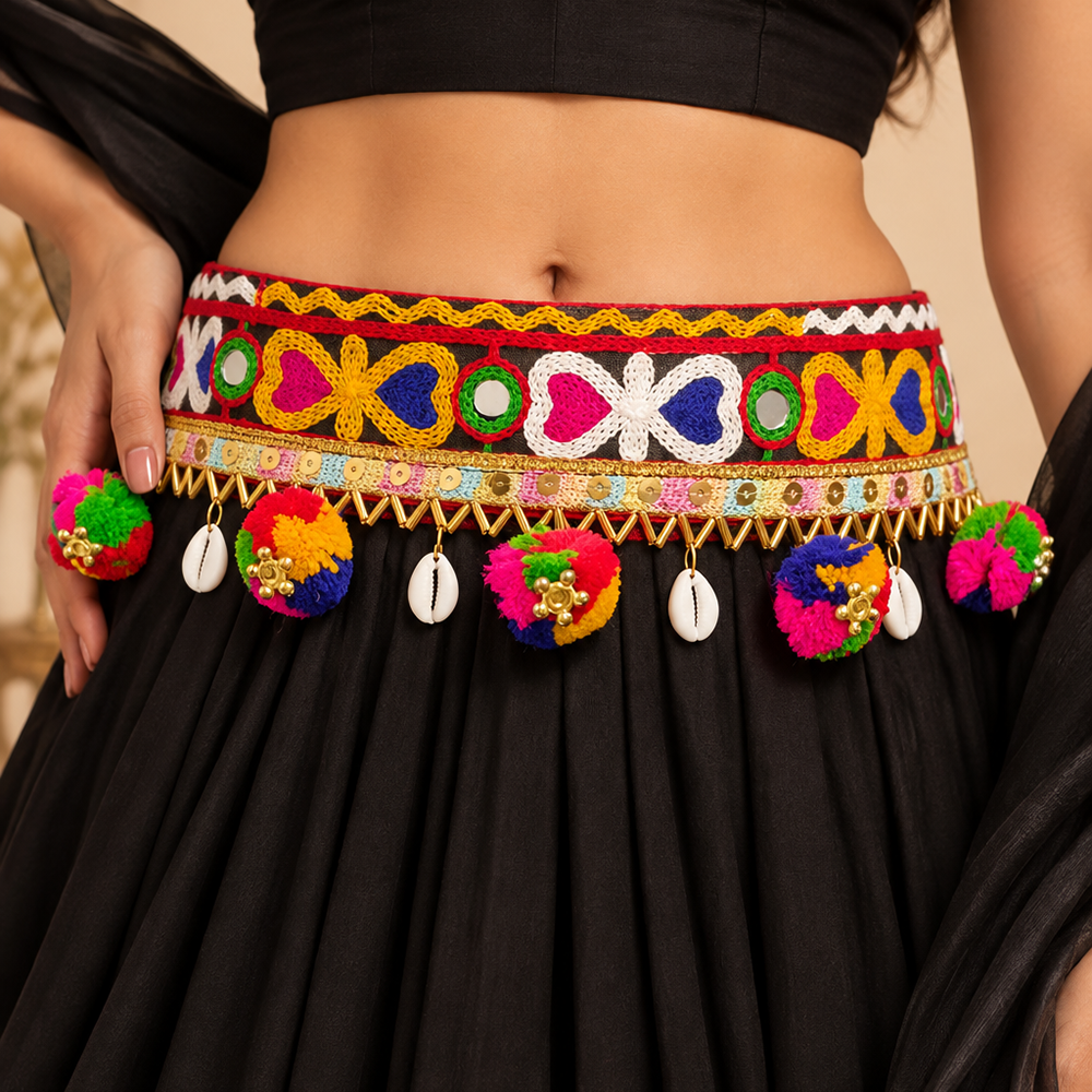 Urthn Festive Gujarati Mirror Work Assorted Design Waist Belt with Triangular Gold Hangings, Shell & Pom Pom Charms(Pack Of 3)
