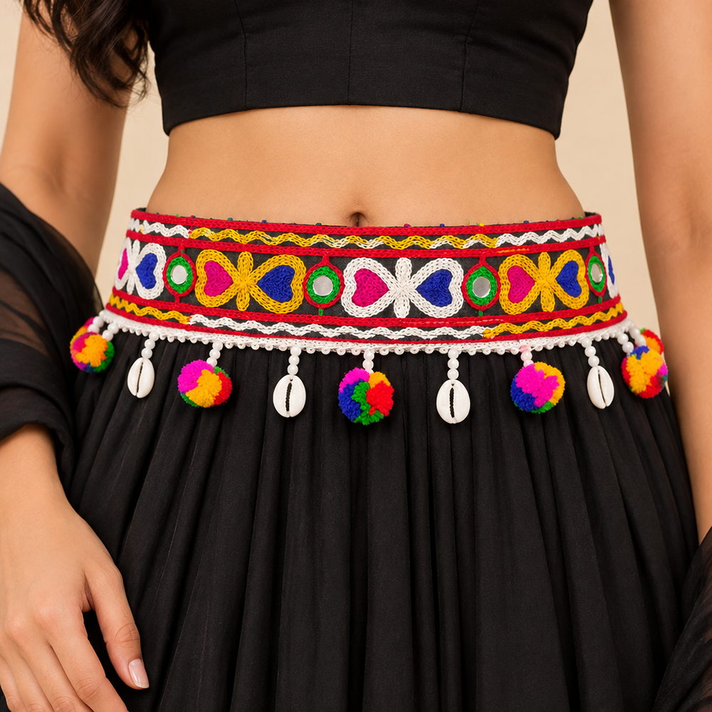 Urthn Festive Gujarati Mirror Work Assorted Design Waist Belt with Triangular Gold Hangings, Shell & Pom Pom Charms(Pack Of 3)