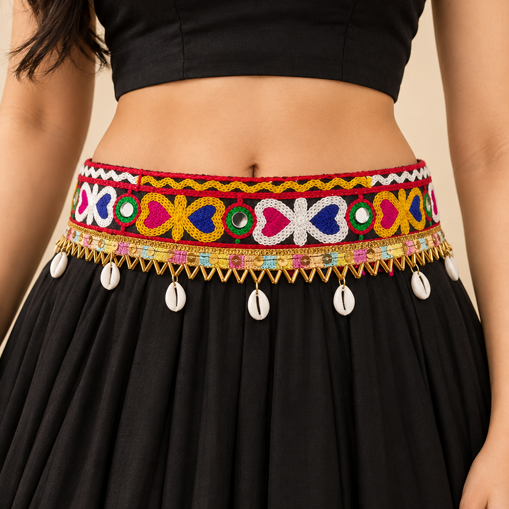 Urthn Festive Gujarati Mirror Work Assorted Design Waist Belt with Triangular Gold Hangings, Shell & Pom Pom Charms(Pack Of 3)
