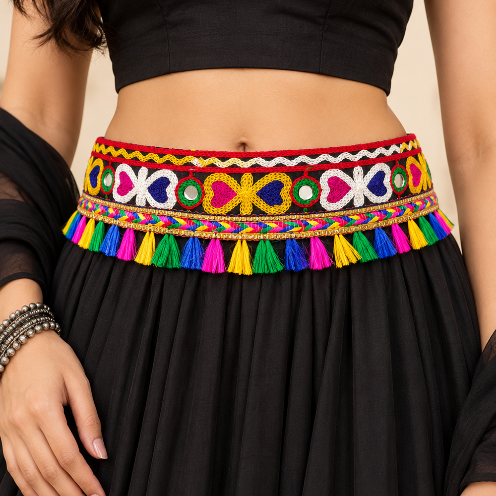 Urthn Festive Gujarati Mirror Work Assorted Design Waist Belt with Triangular Gold Hangings, Shell & Pom Pom Charms(Pack Of 3)