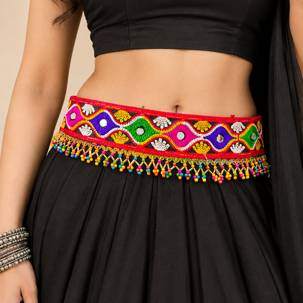 Urthn Vibrant Mirror Work Multicolor Pearl Assorted Design Kamarband Waist Belt for Navratri & Festive Occasions(Pack Of 3)