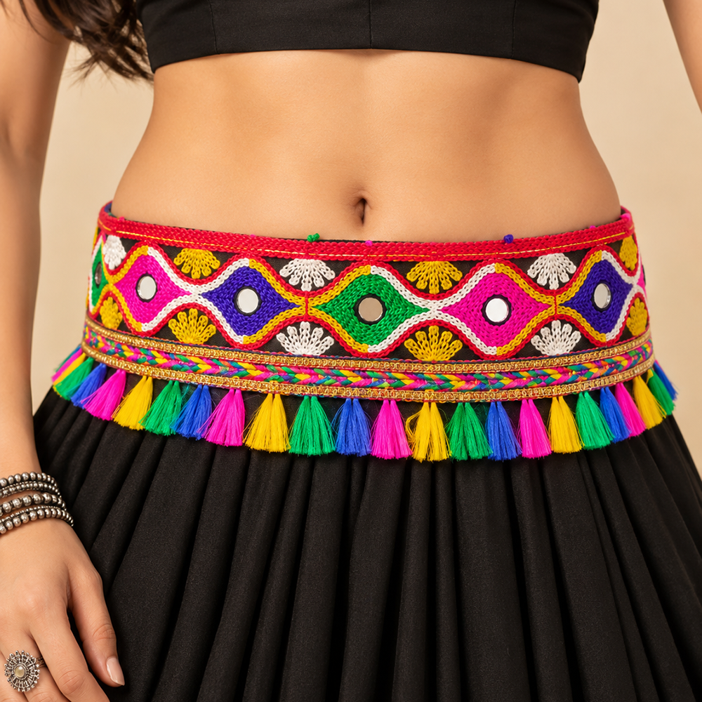 Urthn Vibrant Mirror Work Multicolor Pearl Assorted Design Kamarband Waist Belt for Navratri & Festive Occasions(Pack Of 3)