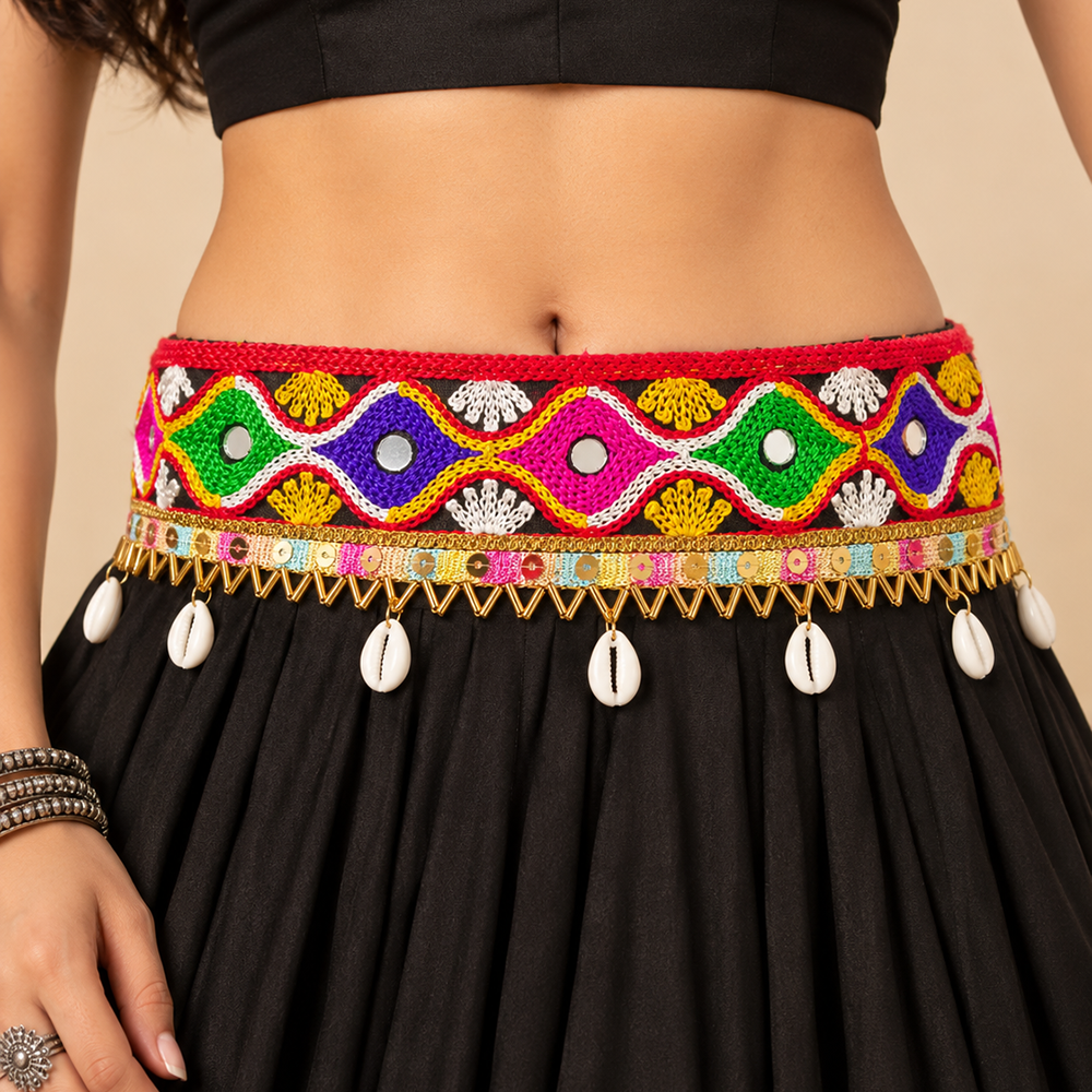 Urthn Vibrant Mirror Work Multicolor Pearl Assorted Design Kamarband Waist Belt for Navratri & Festive Occasions(Pack Of 3)