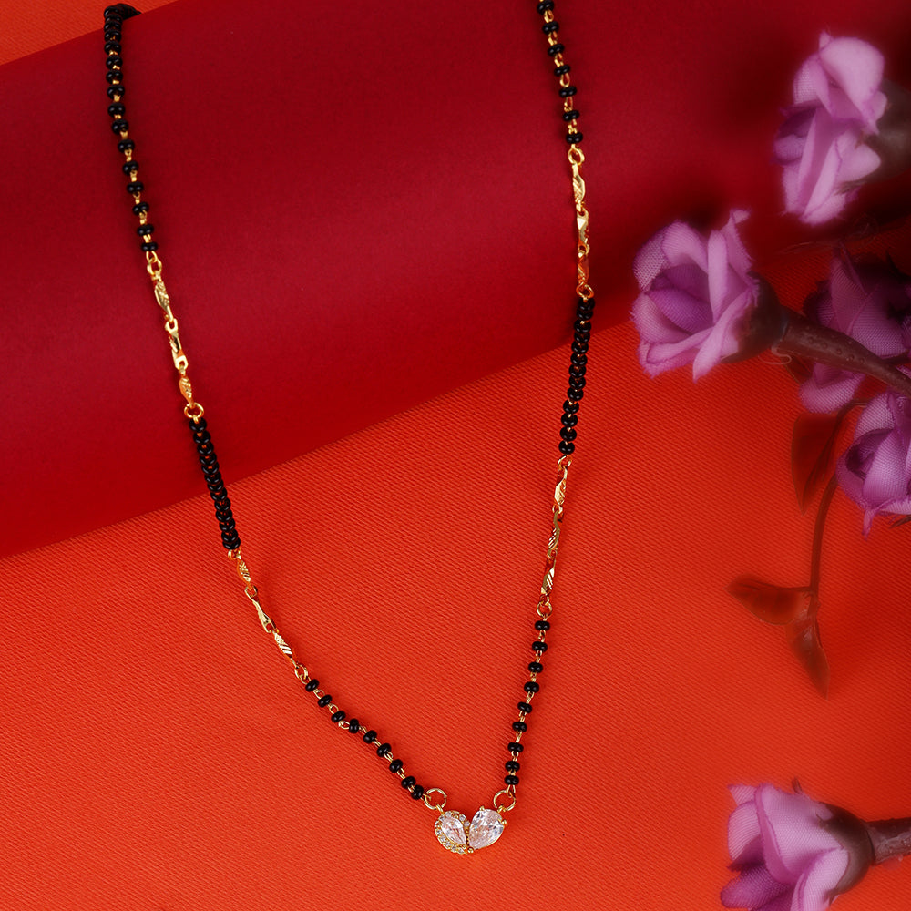 Saloni Fashion Jewellery Traditional Modern CZ Studded Oval Shape Gold Plated Combo Set of 2 Black Beaded Adjustable Chain Mangalsutra For Women