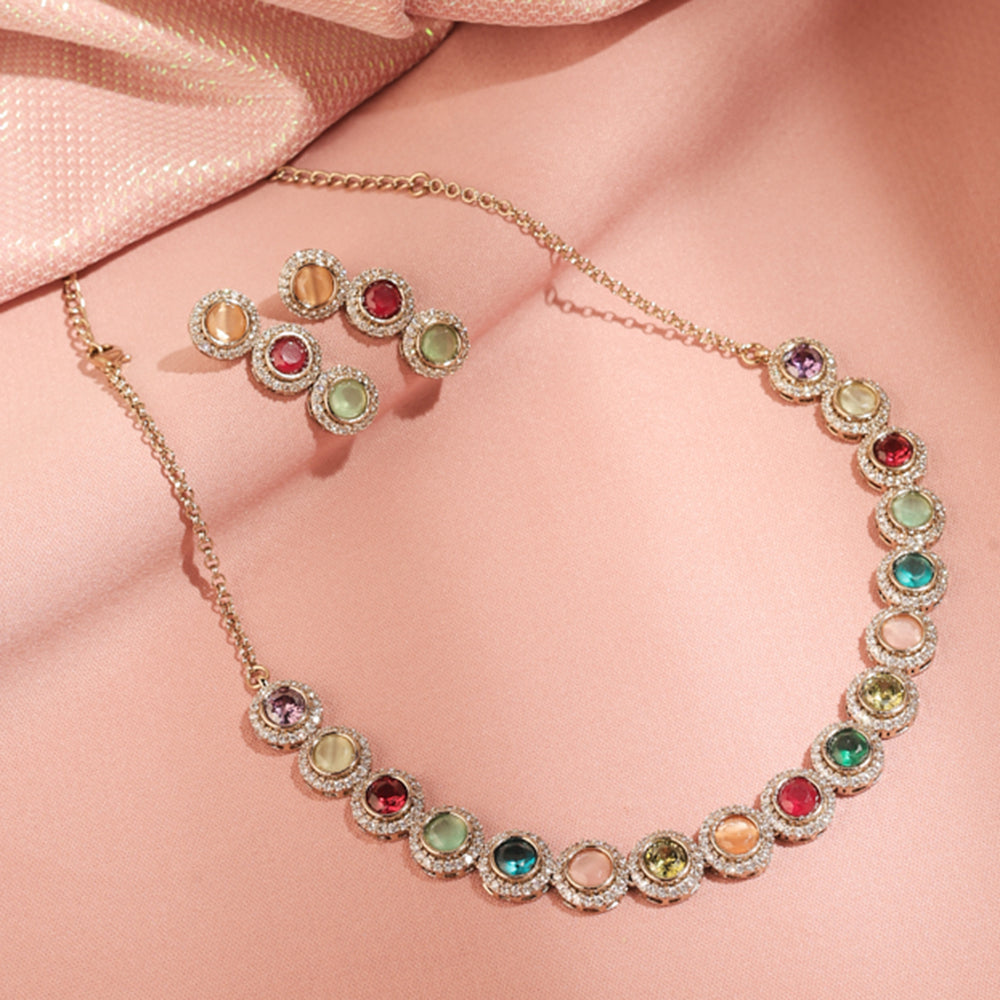 Saloni Fashion Jewellery Stylish Round Shape CZ Studded Antique Gold Plated Red Uncut Kundan Stone Brass Choker Necklace Set For Women and Girls