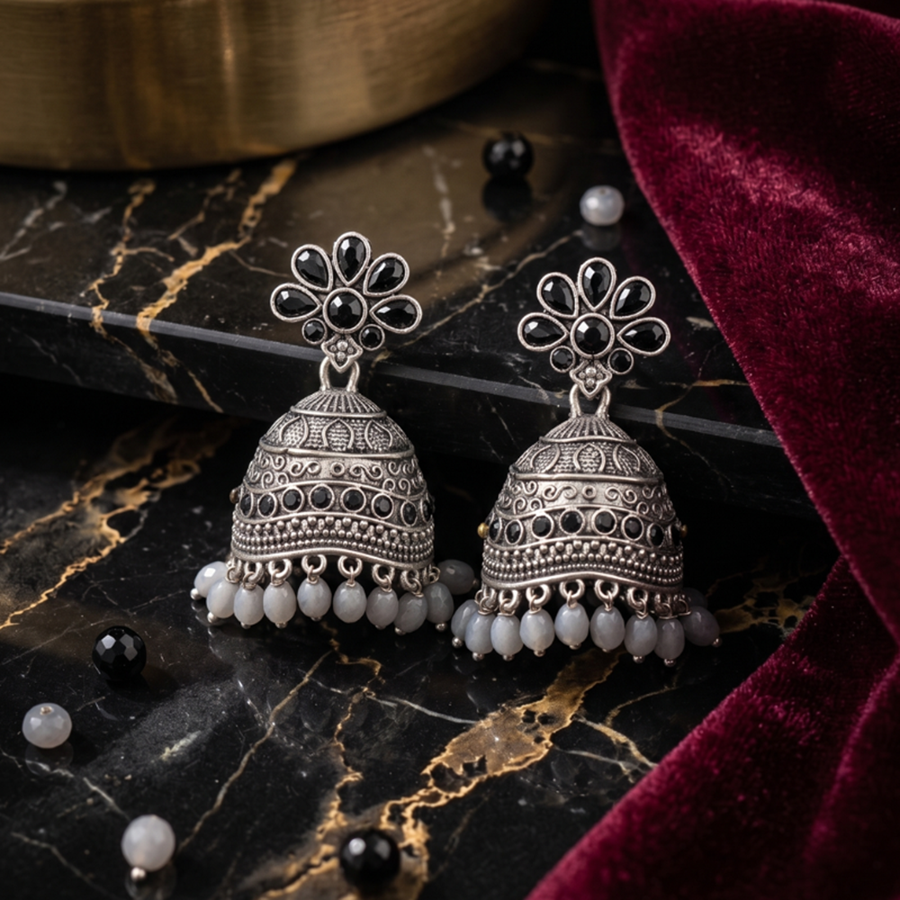 Wearhouse Fashion Oxidised Plated Pota Stone And Pearl Jhumki Earrings