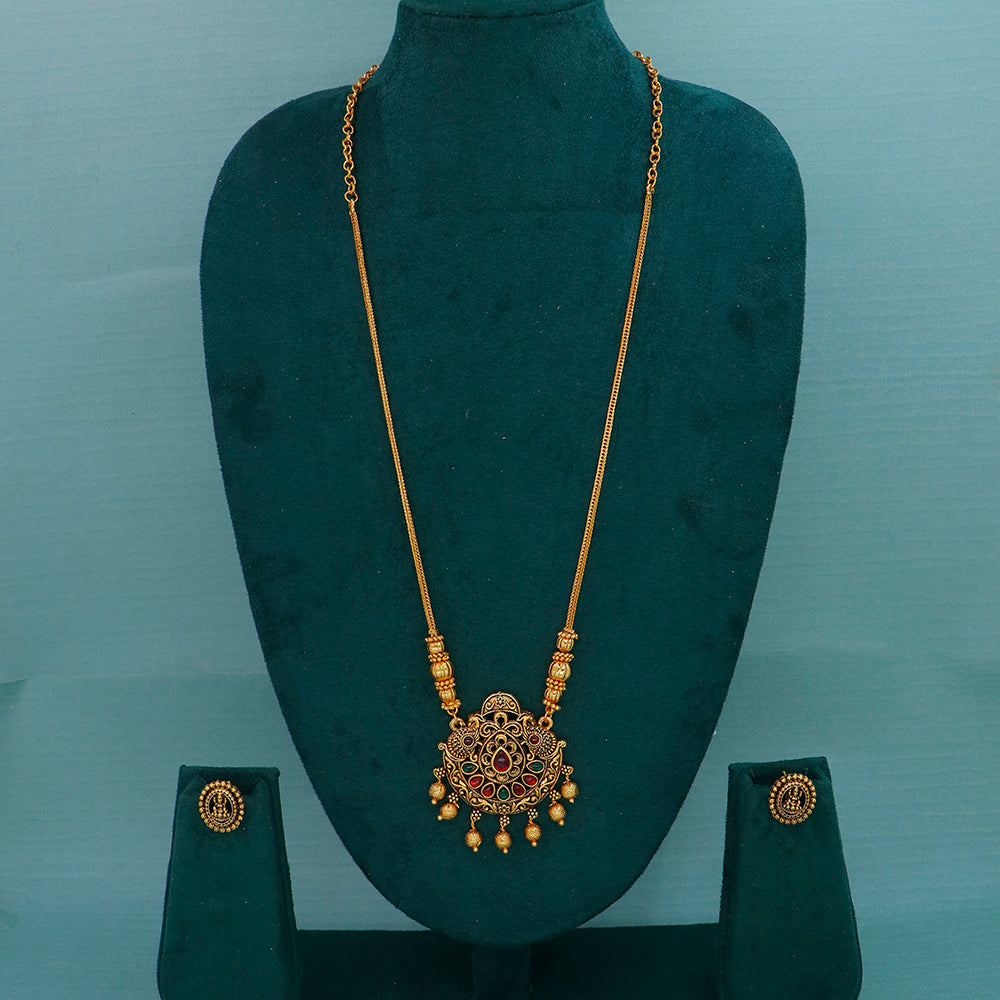Mahavir Gold Plated Pota Stone Pearl Long Necklace Set