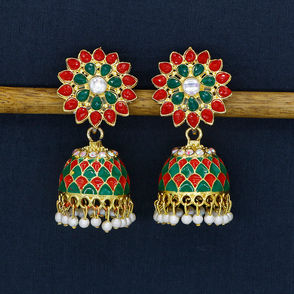 Mahavir DYE Gold Plated Premium Pota Stone And Pearl Jhumki Earrings