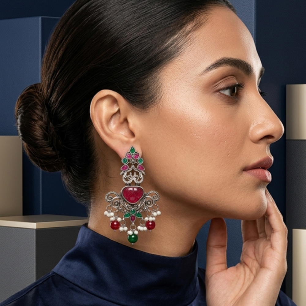 Wearhouse Fashion Oxidised Plated Pota Stone And Pearl Dangler Earrings