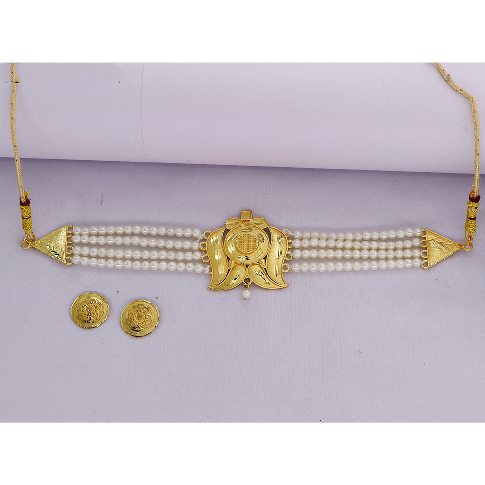Mahavir Gold Plated Pearl Choker Necklace Set