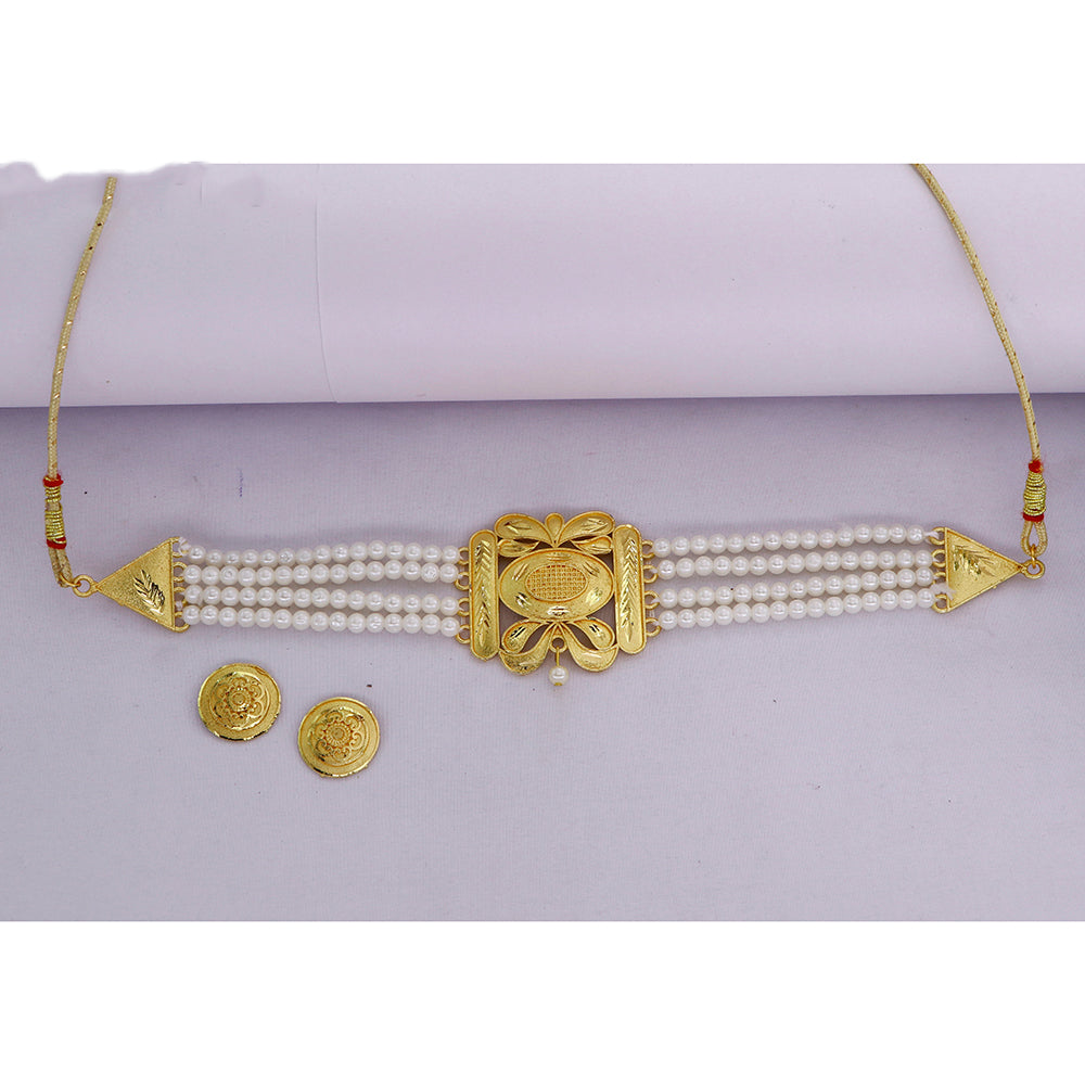 Mahavir Gold Plated Pearl Choker Necklace Set