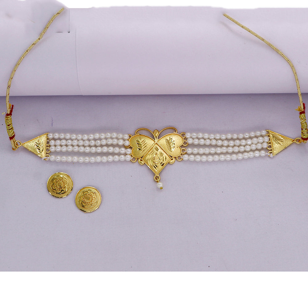 Mahavir Gold Plated Pearl Choker Necklace Set