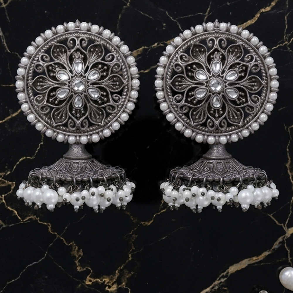 Wearhouse Fashion Oxidised Plated Pota Stone And Pearl Jhumki Earrings