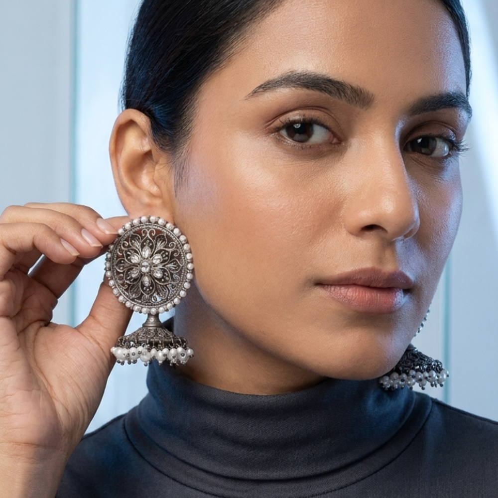 Wearhouse Fashion Oxidised Plated Pota Stone And Pearl Jhumki Earrings