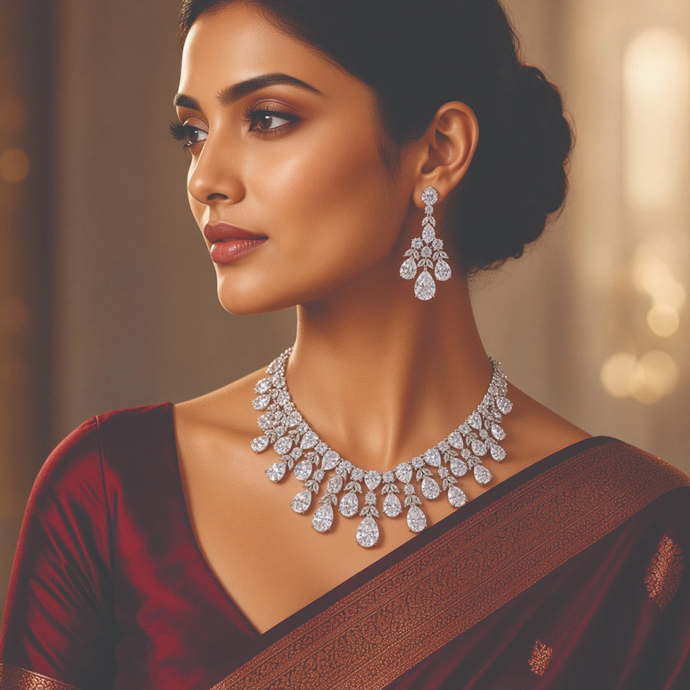 DNJ Jewelry Elegant American Diamond Statement Necklace Set Women & Girls