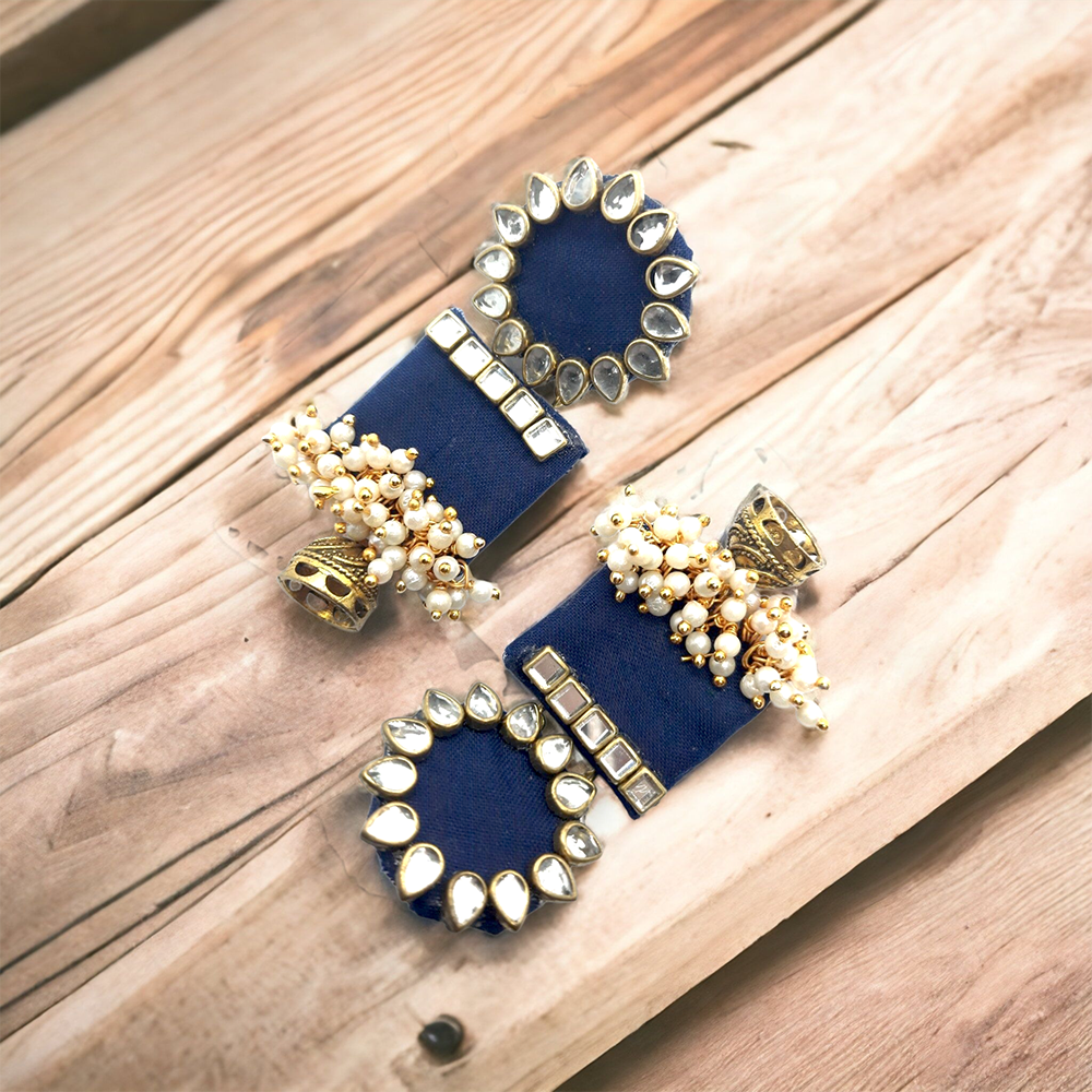 Handmade For Her Women's Handmade Blue Wooden Earring With Kundan And Beads