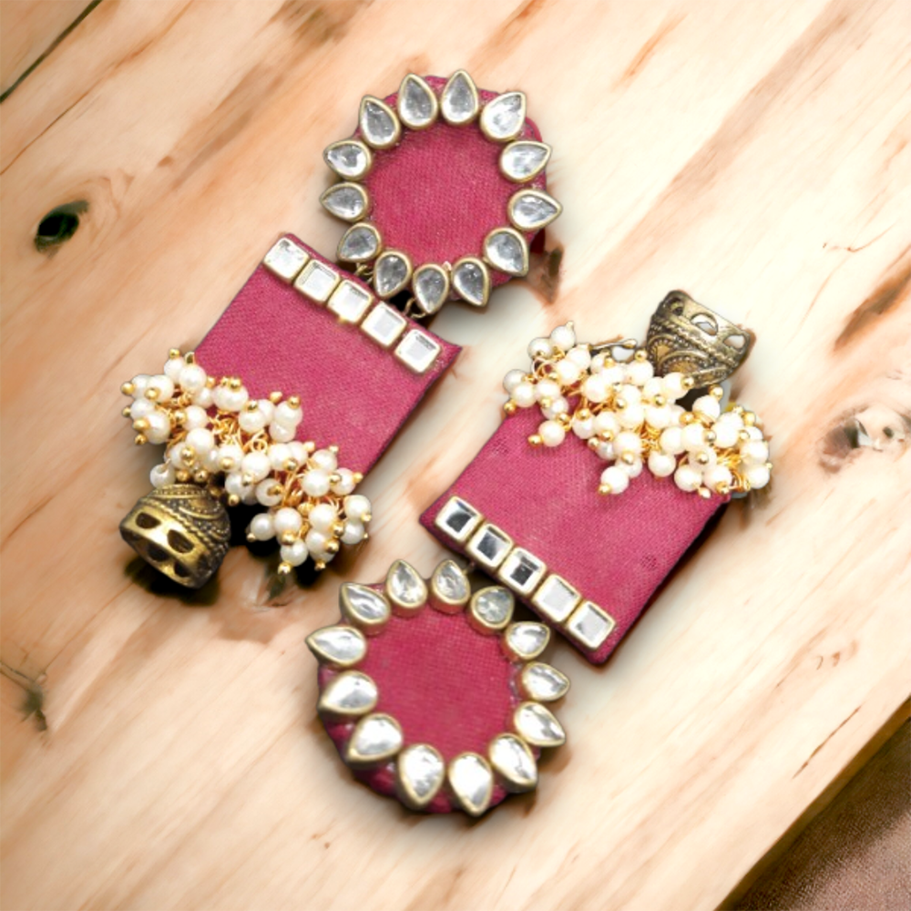 Handmade For Her Women's Handmade Magenta Wooden Earring With Kundan And Beads