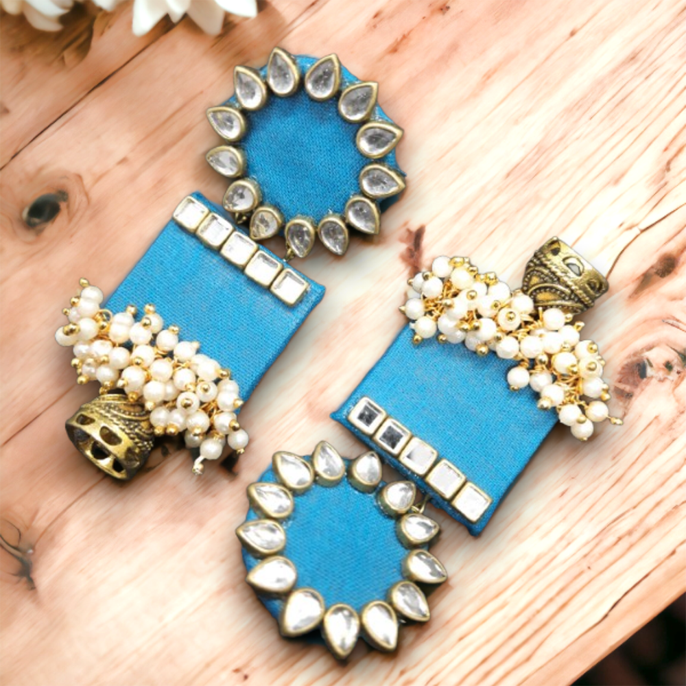 Handmade For Her Women's Handmade Skyblue Wooden Earring With Kundan And Beads