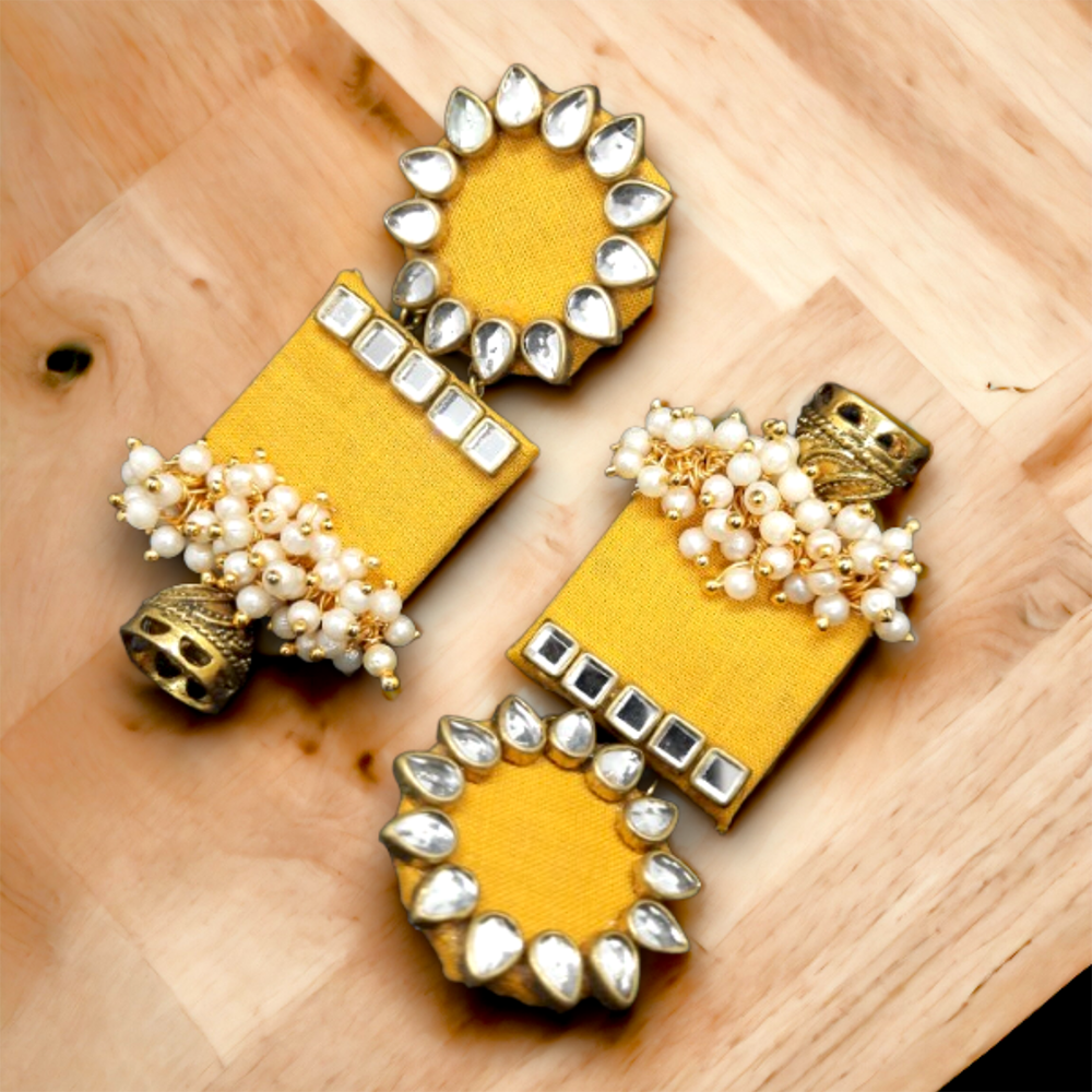 Handmade For Her Women's Handmade Yellow Wooden Earring With Kundan And Beads