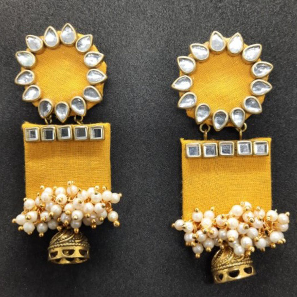 Handmade For Her Women's Handmade Yellow Wooden Earring With Kundan And Beads