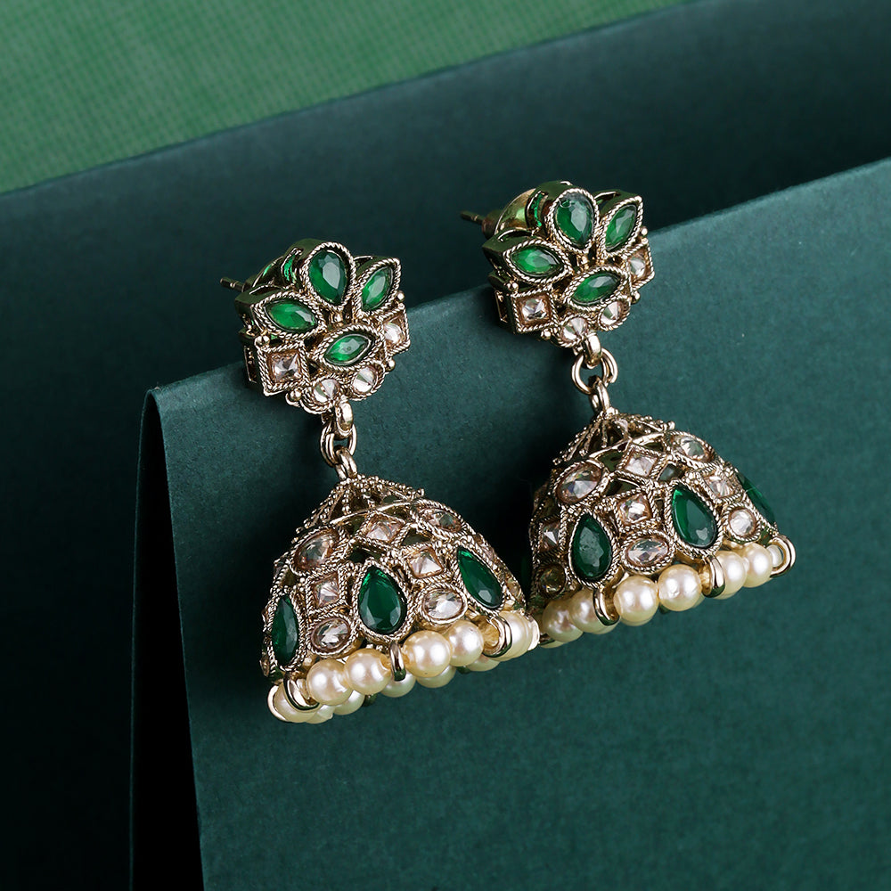 Saloni Fashion Jewellery Amazing Flower Design White Uncut Kundan Stone Antique Gold Plated Jhumki Earring For Women and Girls