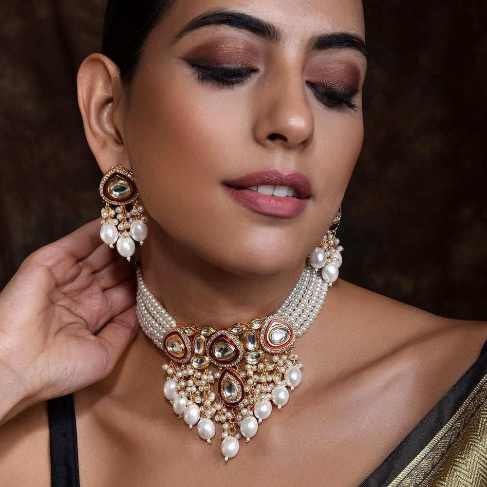 FS Collection Gold Plated Kundan And Pearl Choker Necklace Set