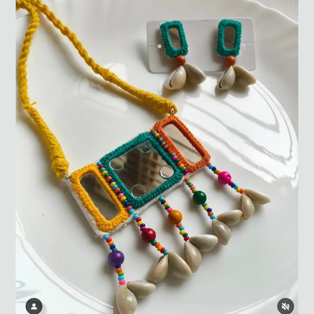 Handmade For Her Colorful Beaded Mirror Work Necklace Set with Cowrie Shells | Handmade Tribal Jewelry