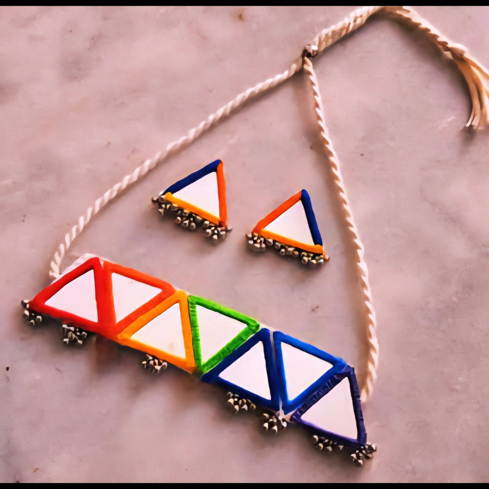 Handmade Multicolor Triangle Mirror Necklace Set | Handmade For Her Navratri Dandiya Jewelry
