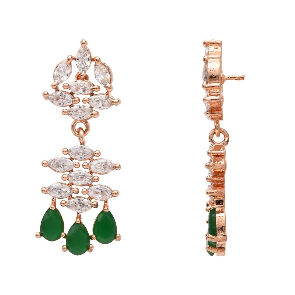 Etnico Rose Gold Plated Cubic Zirconia American Diamond Necklace & Dangle Earrings Jewellery Set for Women