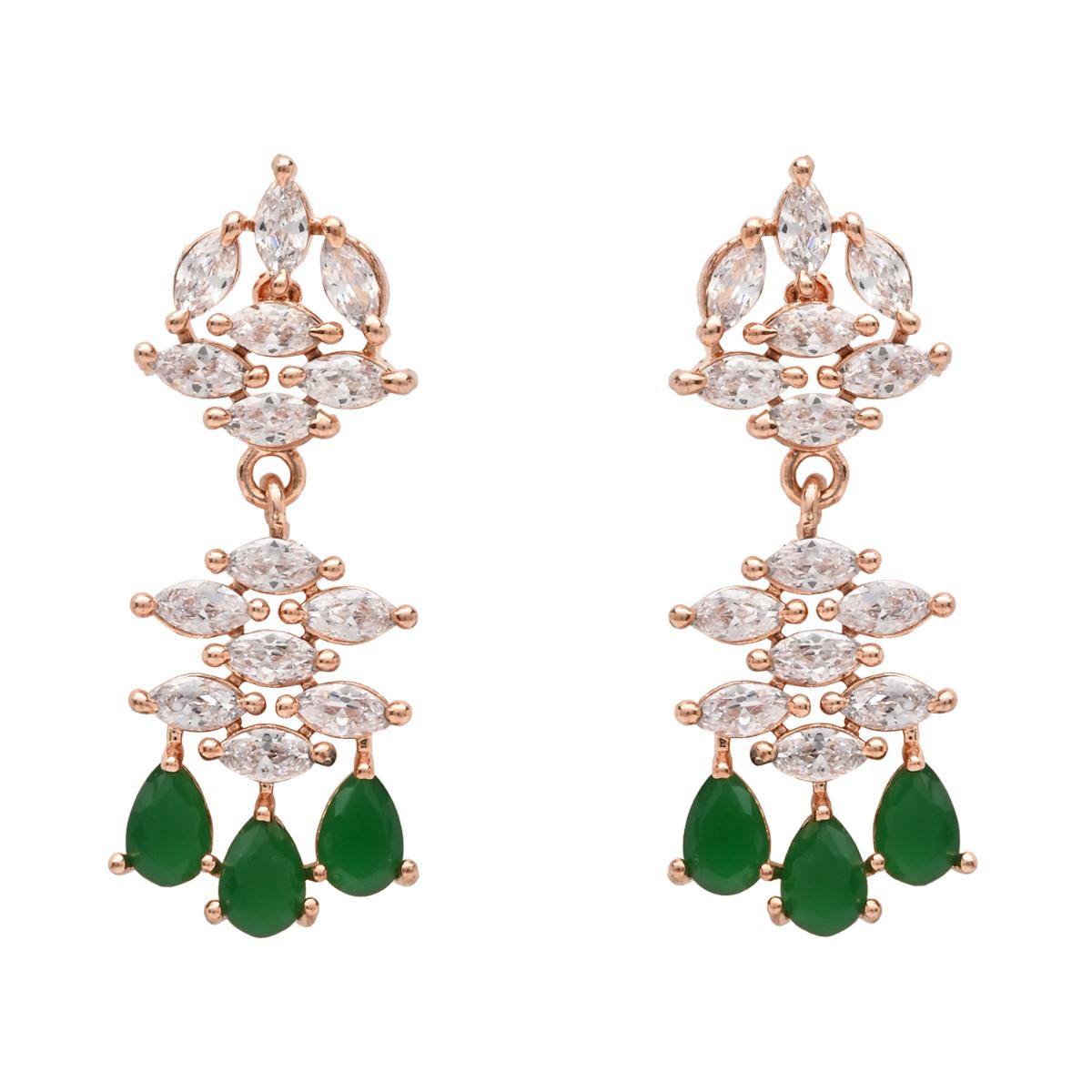 Etnico Rose Gold Plated Cubic Zirconia American Diamond Necklace & Dangle Earrings Jewellery Set for Women