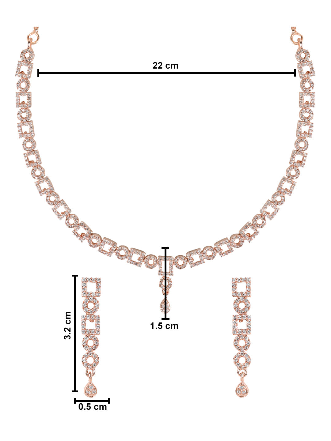Etnico Rose Gold Plated Cubic Zirconia American Diamond CZ Special Chain Necklace With Earrings Set for Women