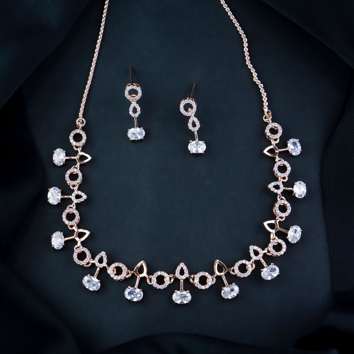 Etnico Rose Gold Plated Cubic Zirconia American Diamond CZ Special Chain Necklace With Earrings Set for Women
