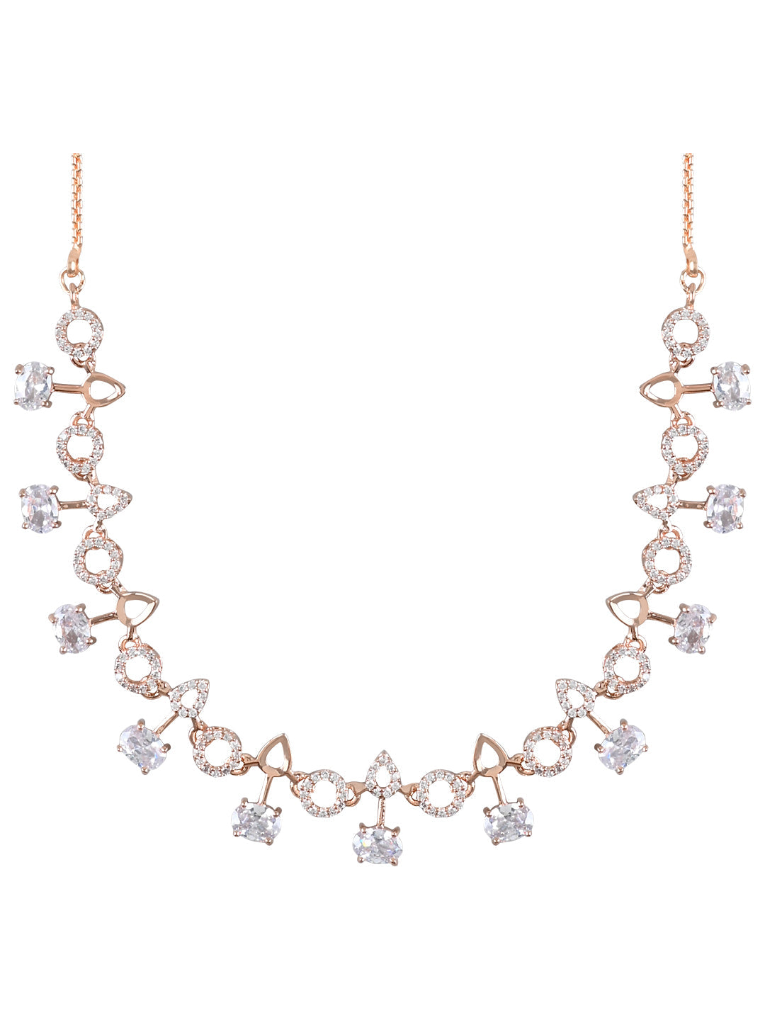 Etnico Rose Gold Plated Cubic Zirconia American Diamond CZ Special Chain Necklace With Earrings Set for Women