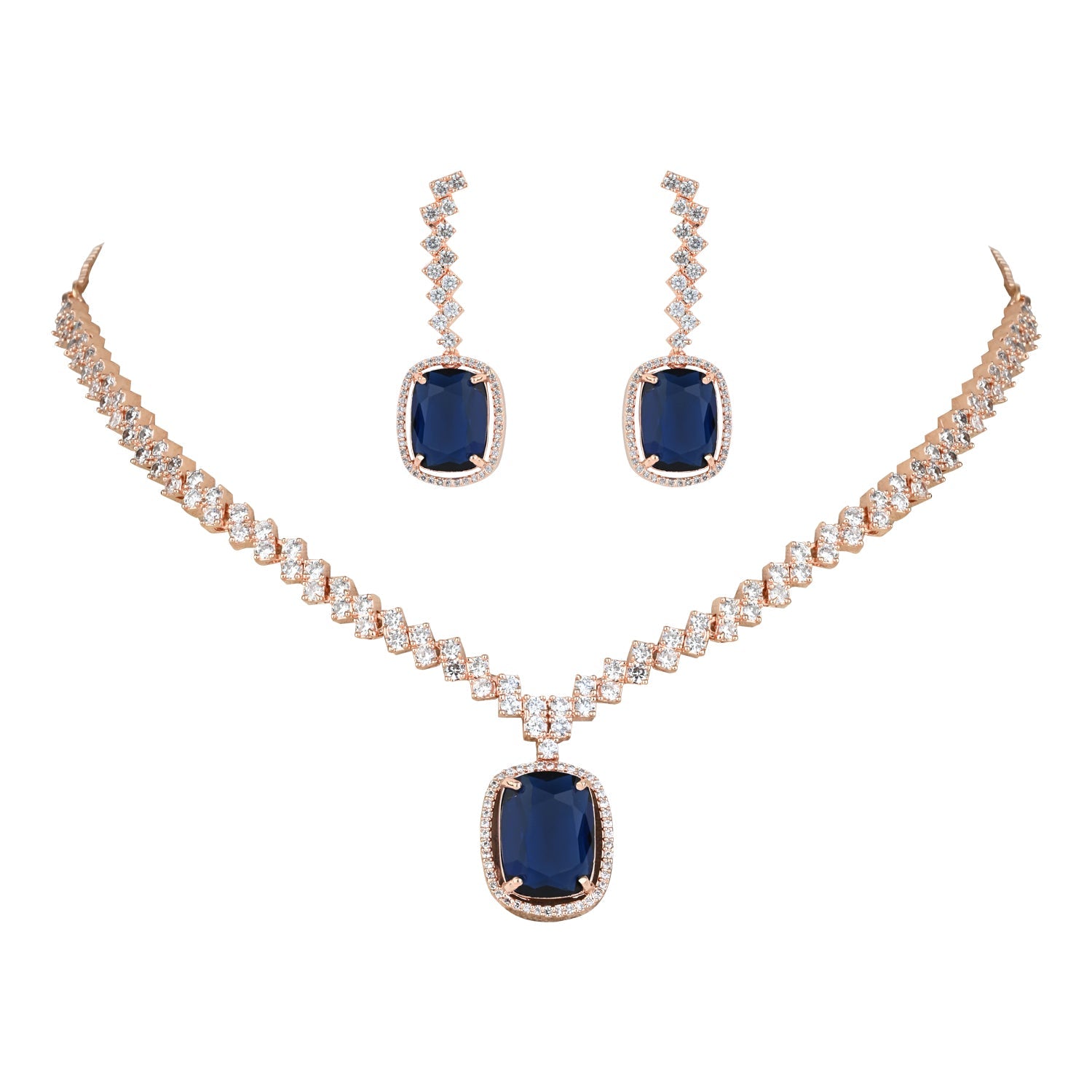 Etnico Rose Gold Plated Cubic Zirconia American Diamond Special Necklace With Drop Earrings Jewellery Set for Women