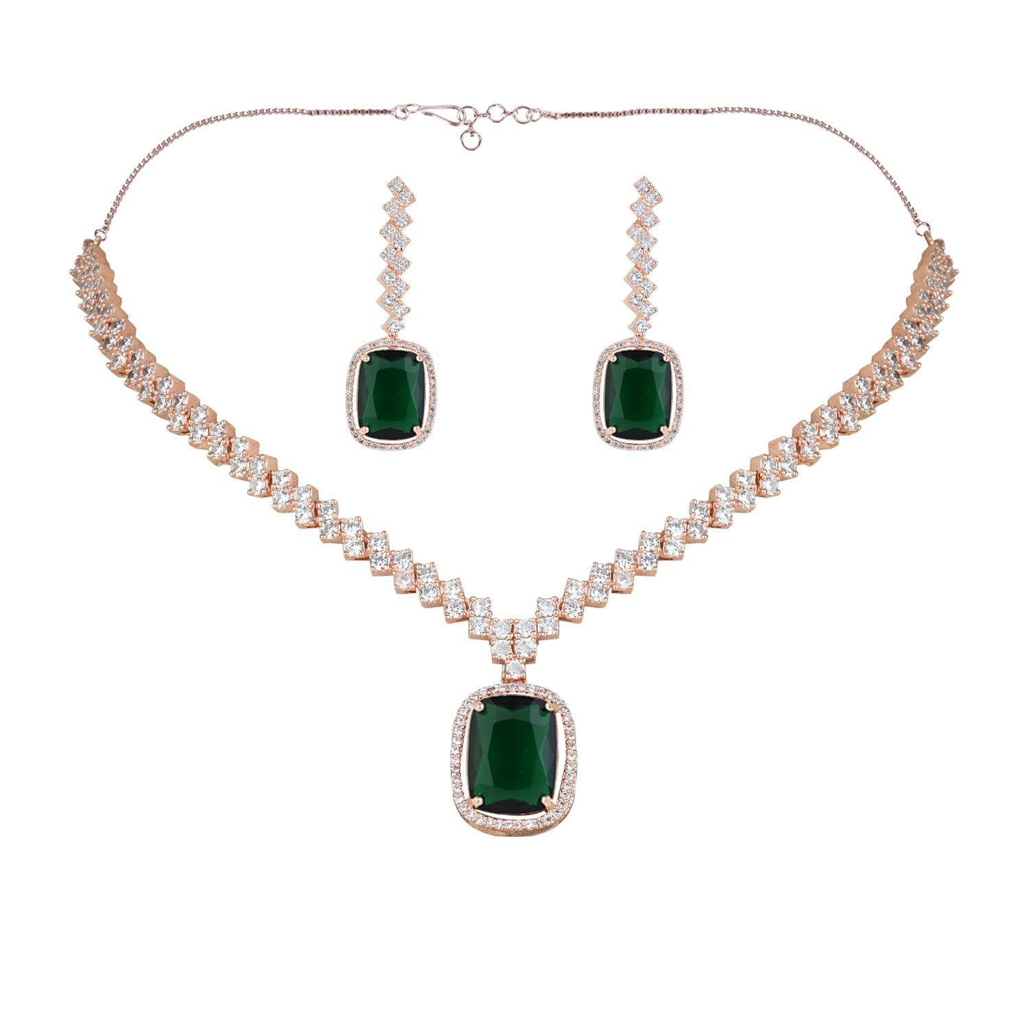 Etnico Womens Rose Gold Plated Cubic Zirconia American Diamond Necklace & Drop Earrings Jewellery Set