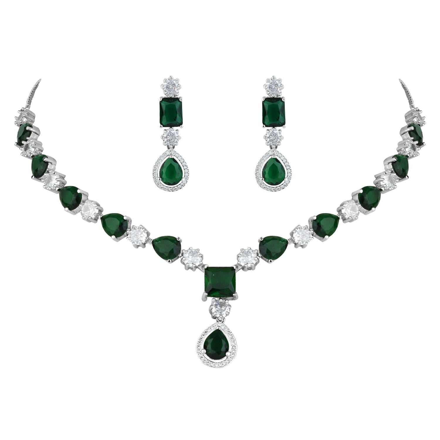 Etnico Silver Plated Cubic Zirconia American Diamond Special Necklace & Drop Earrings Jewellery Set for Women