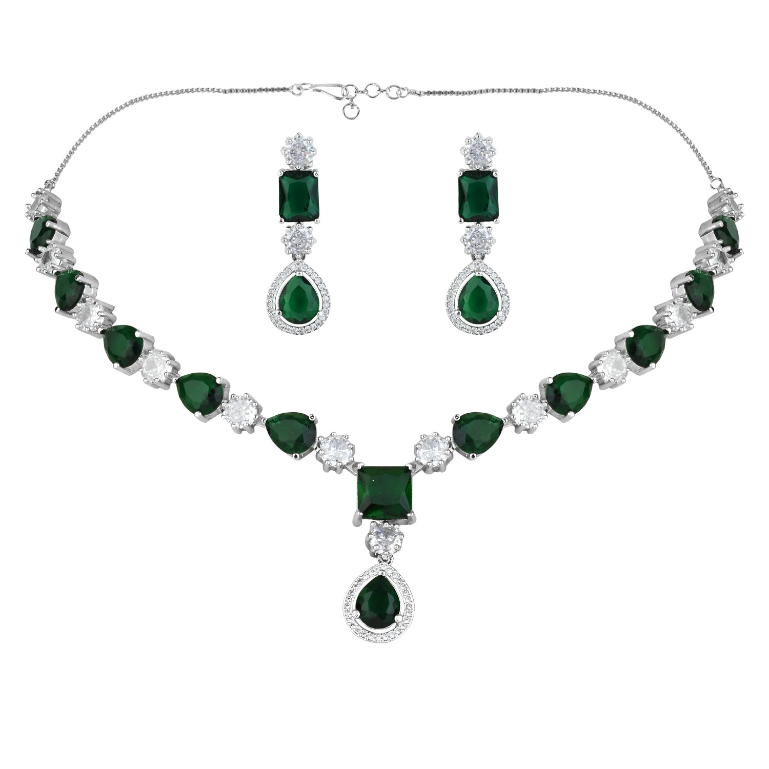 Etnico Silver Plated Cubic Zirconia American Diamond Special Necklace & Drop Earrings Jewellery Set for Women