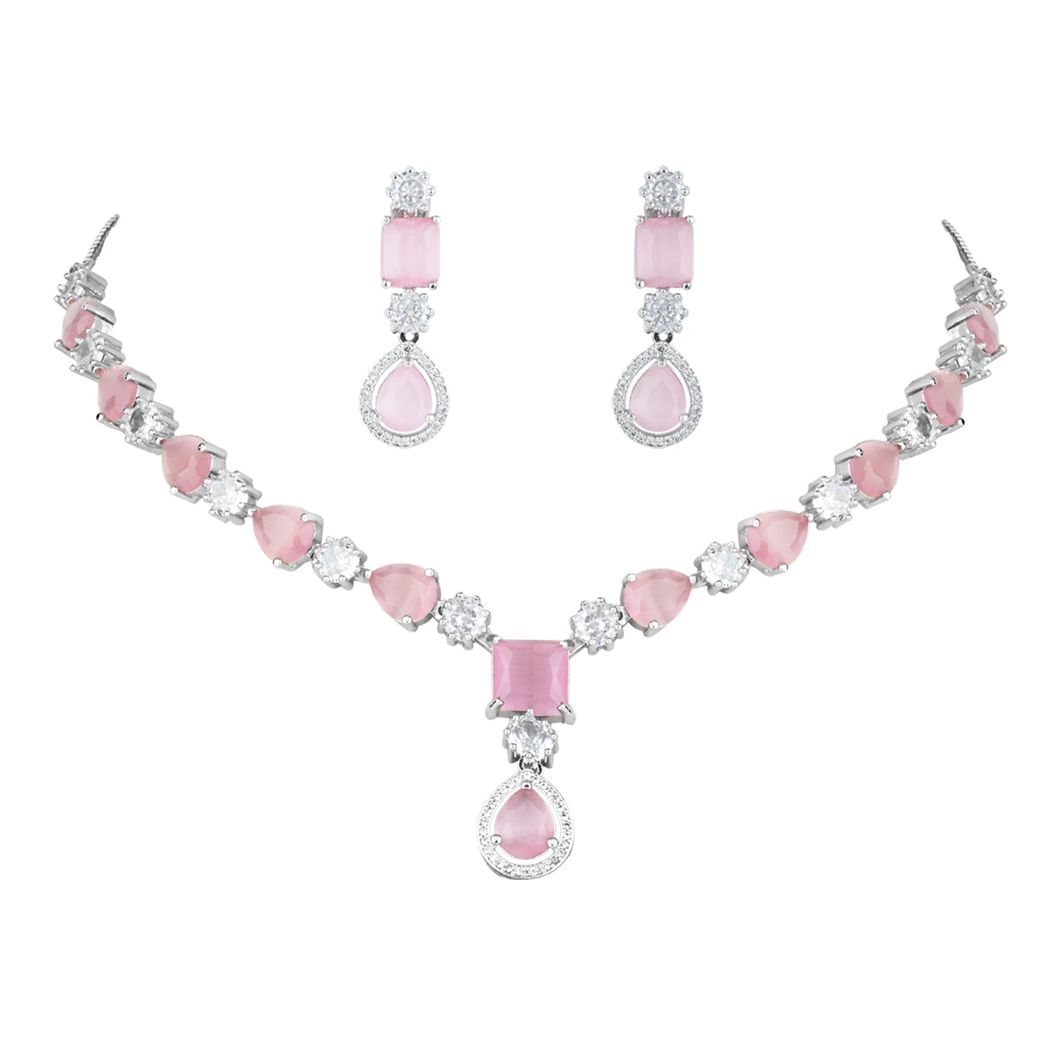 Etnico Silver Plated Cubic Zirconia American Diamond Special Necklace & Drop Earrings Jewellery Set for Women