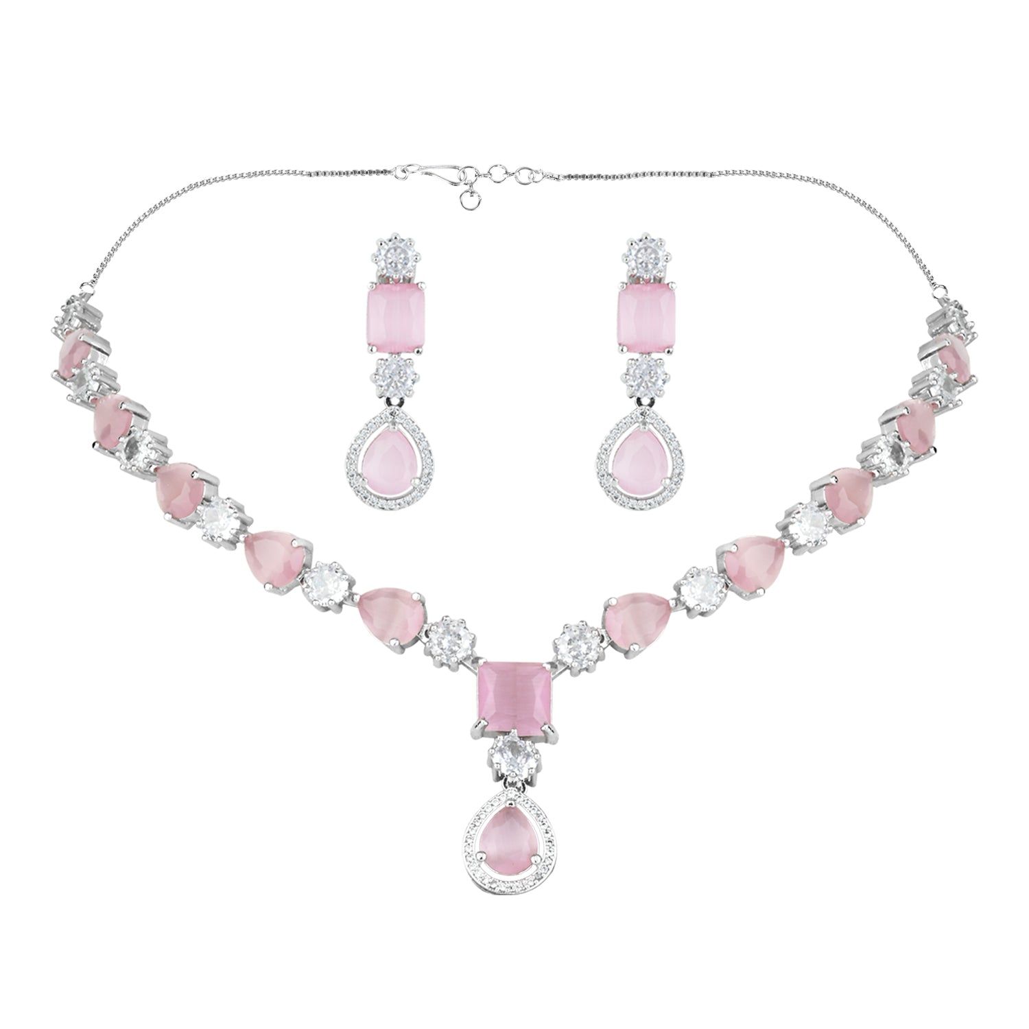 Etnico Silver Plated Cubic Zirconia American Diamond Special Necklace & Drop Earrings Jewellery Set for Women