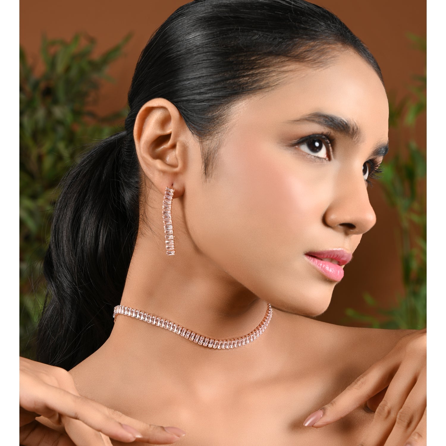 Etnico Rose Gold Plated Cubic Zirconia American Diamond Necklace & Earrings Jewellery Set for Women