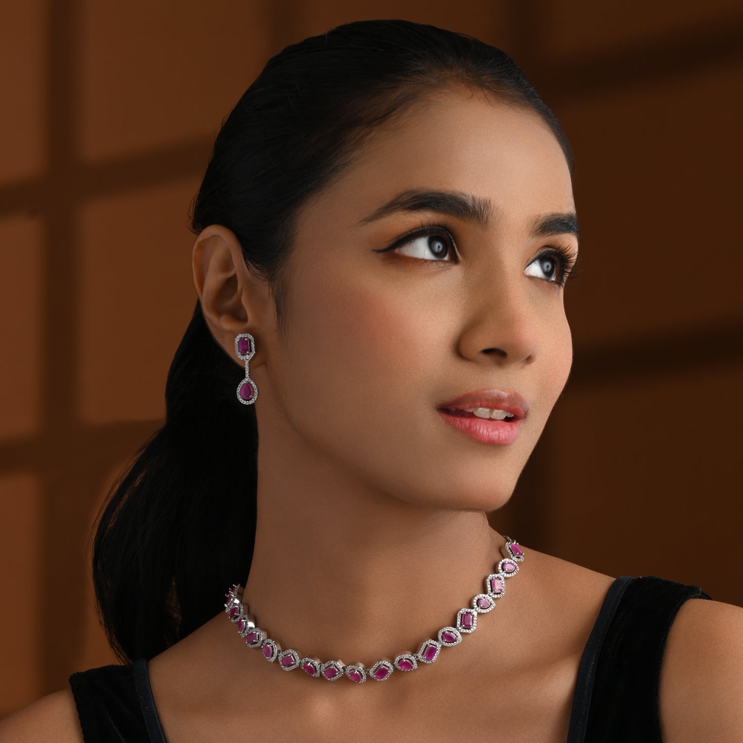 Etnico Silver Plated Cubic Zirconia American Diamond Necklace & Earrings Jewellery Set for Women