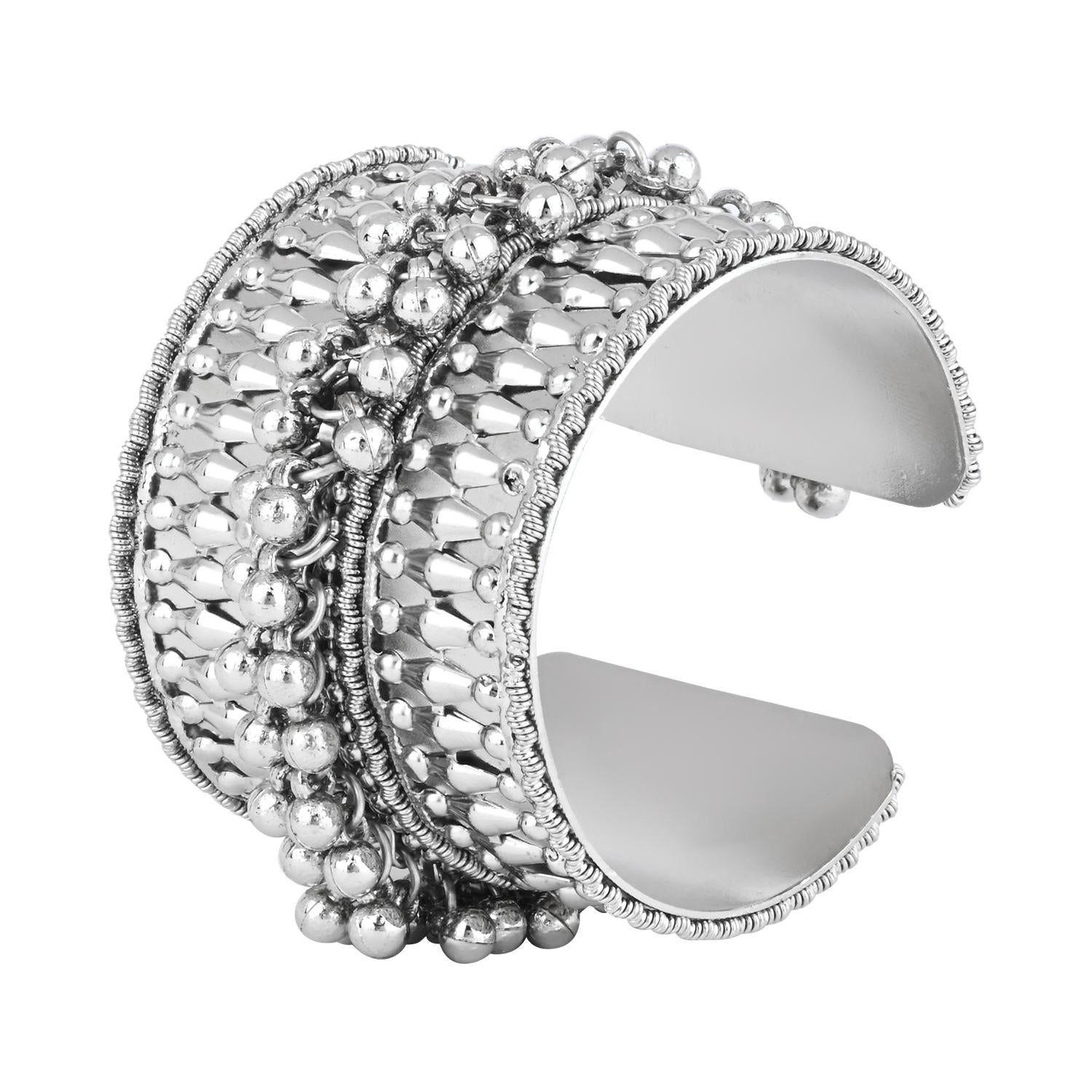 Etnico Navratri Ethnic Silver Oxidised Adjustable Afghani Ghungroo Cuff Kada Bracelet For Women (Style 2)