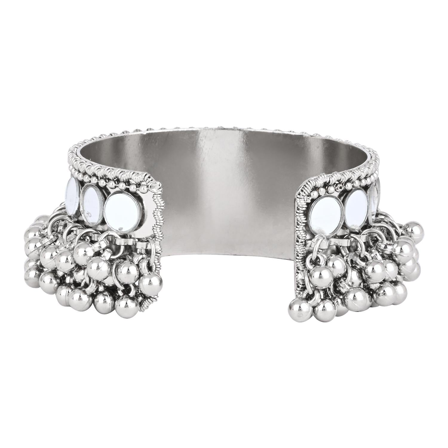 Etnico Navratri Ethnic Silver Oxidised Afghani Ghungroo Adjustable Cuff Kada Bracelet For Women (Style-2)
